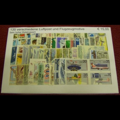 Luftpost- und Flugzeugmotive, Paket mit 135 verschiedenen Briefmarken (s.Abb.)