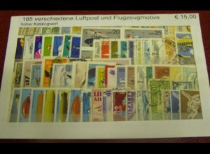 Luftpost + Flugzeuge, Paket mit 185 verschiedenen Briefmarken (siehe Abbildung)