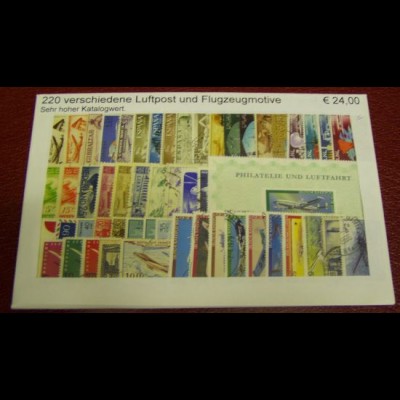 Luftpost- und Flugzeugmotive, Paket mit 220 verschiedenen Briefmarken (s.Abb.)
