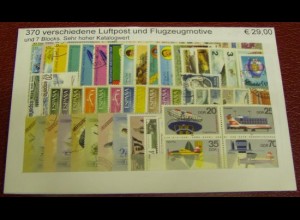 Luftpost- und Flugzeugmotive, Paket mit 370 ver. Briefmarken + 7 Blocks (s.Abb.)