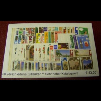 Gibraltar, Paket mit 88 verschiedenen Briefmarken ** (gemäß Abbildung)