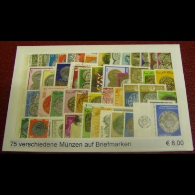 Münze auf Marke, Paket mit 75 verschiedenen Briefmarken (siehe Abbildung)