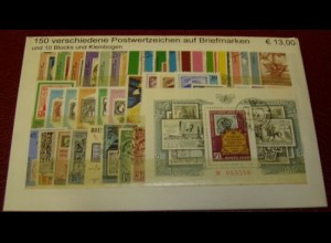 Marke auf Marke, Paket mit 150 verschied. Briefmarken + 10 Blocks/Klbg. (s.Abb.)