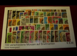 Münzen, Paket mit 100 verschiedenen Briefmarken (siehe Abbildung)