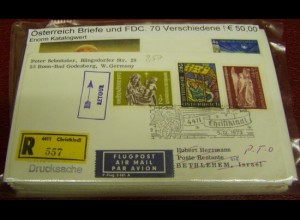 Österreich, Paket mit 70 verschiedenen Briefen + FDC (gemäß Abbildung)