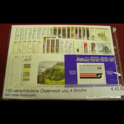 Österreich, Paket mit 130 verschiedenen Briefmarken + 4 Blocks (gemäß Abbildung)