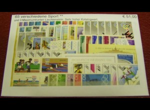 Sport, Paket mit 65 verschiedenen Briefmarken ** + 3 Maximumkarten (siehe Abb.)