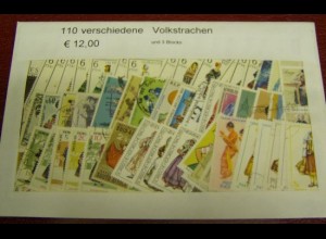 Trachten, Paket mit 110 verschiedenen Briefmarken + 3 Blocks (siehe Abbildung)