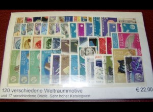 Weltraum, Paket mit 120 verschiedenen Briefmarken + 17 Briefen (siehe Abbildung)