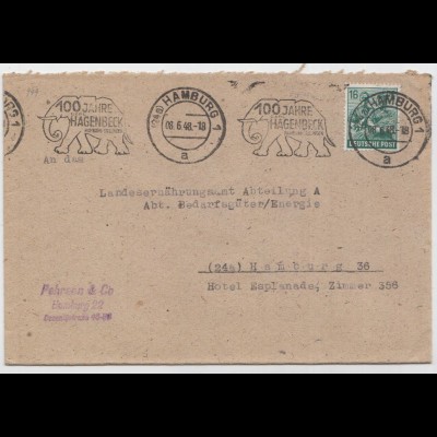 Alliierte Besatzung, MiNr. 949, Ortsbr. HH, Stempel 100 Jahre Hagenbeck, Elefant