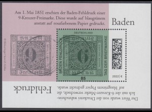 D,Bund Mi.Nr. Block 90 Tag der Briefmarke 2022, Baden Fehldruck