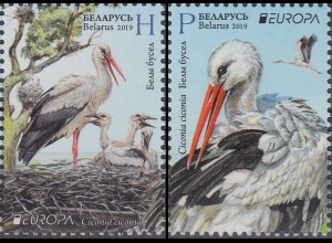 Weißrussland MiNr. 1300-1301 Europa 2019, Einheimische Vögel, Weißstorch (2 W.)