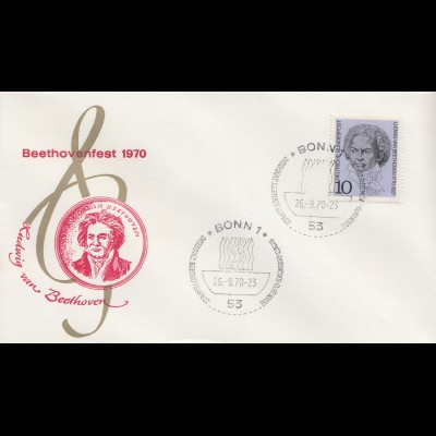 D,Bund Mi.Nr. 616 Beethoven, Beethovenfest 1970 (Brief mit Sonderstempel)